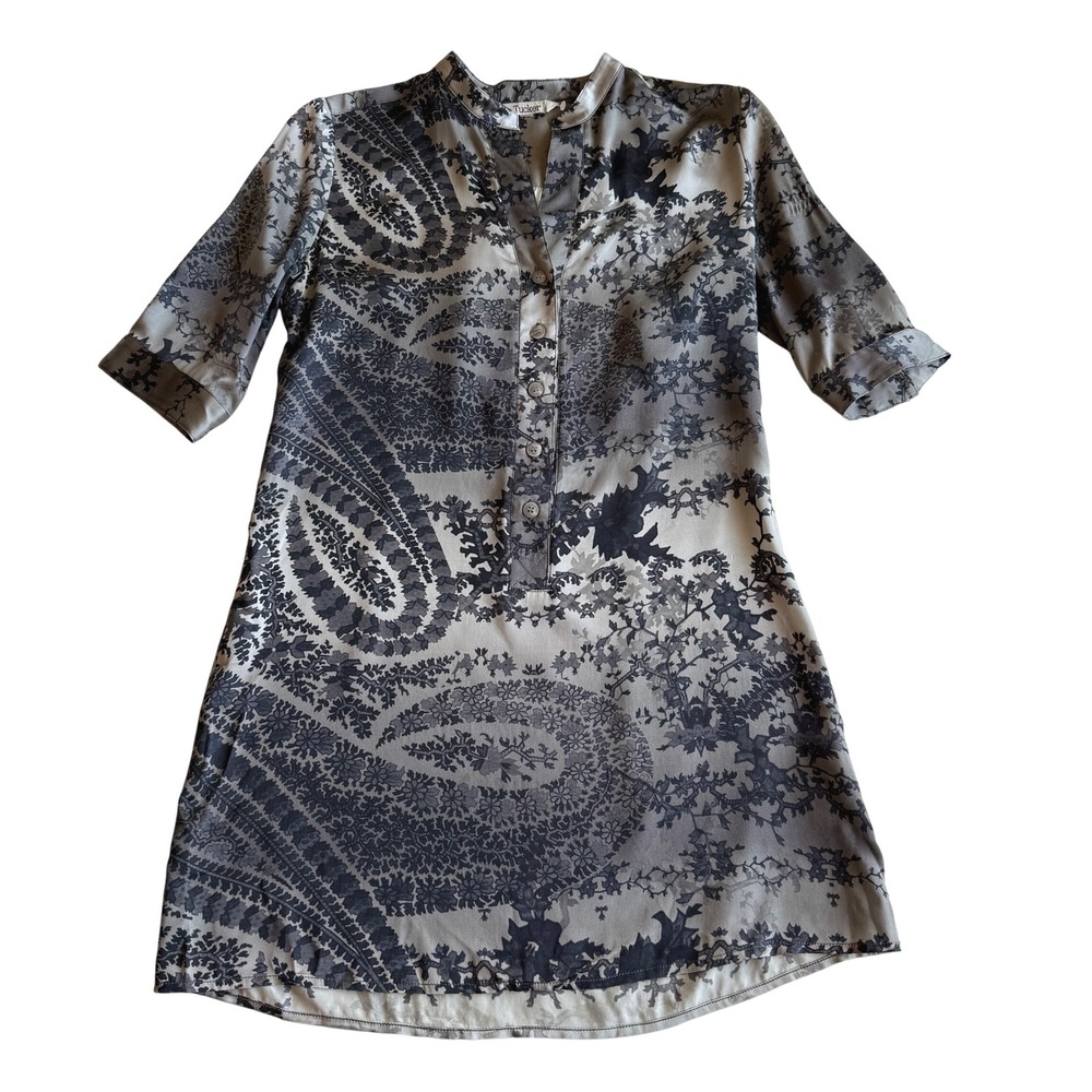 Tucker 100%‎ Silk Chinoiserie Gray Pullover Henley A Line Tunic Dress Petite S